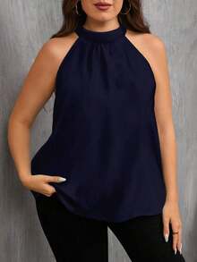 Camisa holgada minimalista de cuello halter azul marino talla grande, adecuada para el verano - Azul marino - Ver 4