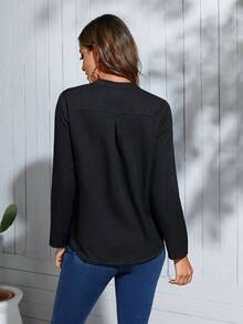 Clasi Blusa con cuello con muesca y mangas enrollables, blusas de manga larga - Negro - Ver 2