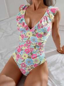 Swim Vcay Traje de baño de una pieza con volantes y lazo con estampado floral diminuto para mujer, traje de baño de una pieza para verano y vacaciones en la playa - Multicolor - Ver 3