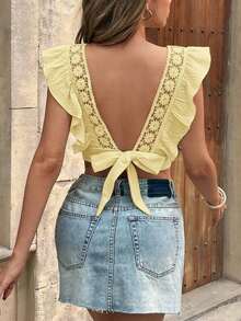 Frenchy Blusa de mujer con manga de volantes, parche de encaje y lazo de unicolor - Amarillo - Ver 5
