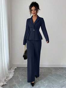 Traje elegante que afina la cintura, pantalones acampanados y estilizadores para uso diario, adecuado para vacaciones, citas, Día de la Independencia, atuendo de maestra - Azul marino - Ver 4