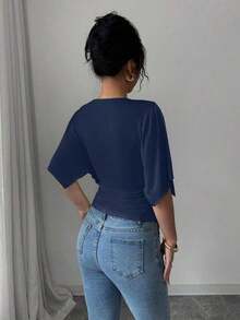Top corto informal con mangas cortas y volantes asimétricos para vacaciones - Azul marino - Ver 2