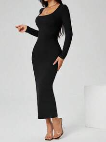 Vestido largo de manga larga con cuello cuadrado color negro sólido ajustado, vestido elegante de manga larga para mujer con cuello cuadrado, ajuste ceñido, manga recta, liso, para uso diario casual en primavera/otoño - Negro - Ver 3