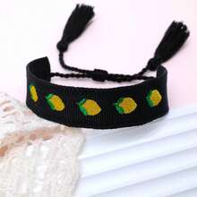 1pc Embroidered Lemon Elegant & Cute Handmade Braided Bracelet, Adjustable Size, Suitable For Party, Travel, Boho Style - Black - View 2