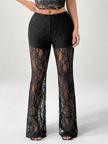 Pantalones de vacaciones de cintura alta de encaje y punto campana para mujer - Negro - Ver 6