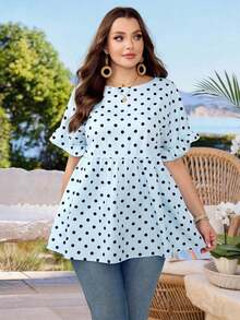 Camisa con estampado todo sobre y mangas con volantes, estilo casual de resort, tallas grandes.Atuendos de verano para mujer/Verano, ropa de mujer para vacaciones tropicales - Multicolor - Ver 1