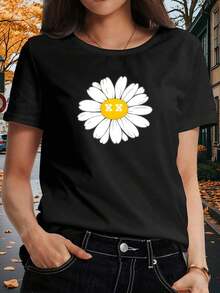 Women's Daisy Print T-Shirt, Soft And Breathable, Round Neck, Short Sleeve, Casual Summer Style, White Floral Design, Loose Fit, Suitable For Daily Wear And Party Outfits, Machine Washable, Lightweight Material, Spring Fashion - 黑色 - 查看 9