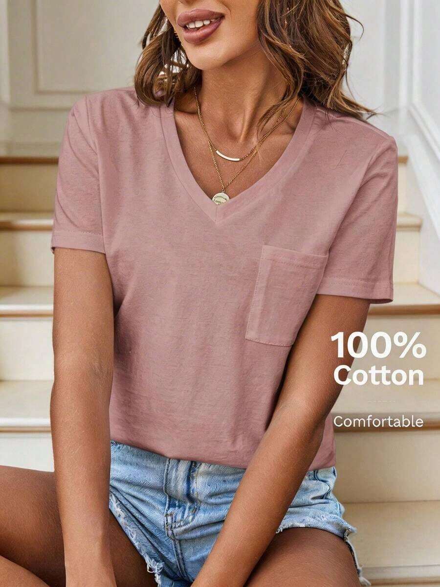 Camiseta de mujer cómoda de algodón, informal, con bolsillo, cuello en V, versátil y de moda - Morado - Ver 1