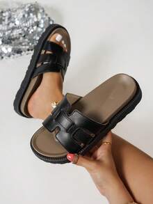 New Fashion Buckle Open Toe Platform Slippers, Comfortable Versatile Dirt-Resistant Beach Sandals Suitable For Daily Wear - Black Leather - View 4