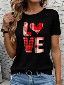 GraphicLadies Women's Short Sleeve T-Shirt, Casual, For Leisure, Outdoor Activities And Home, 220g, Checkered Heart Print, White, Fashionable, For Valentine's Day, Party And Holiday Gift. - 黑色 - 查看 5