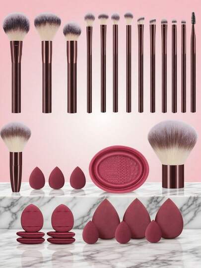 31pcs Makeup Brush Set, Including: 15pcs Makeup Brushes + 3pcs Makeup Sponges + 6pcs Mini Makeup Sponges + 6pcs Mini Makeup Puffs + 1pc Makeup Brush Cleaning Tool