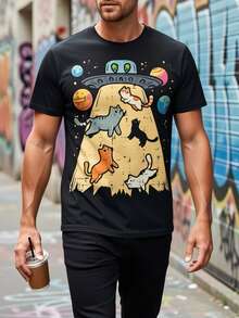 Camiseta con Estampado de Gato Capturando Extraterrestres, OVNI y Galaxia Espacial - 100% Algodón, Cuello Redondo - Negro - Ver 1