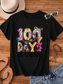 Camiseta de Cuello Redondo para Mujer, Estampado Colorido de "1000 Días de Escuela" con Texto, Manga Corta para Eventos Escolares, Ropa Fresca de Verano para Mujer - Negro - Ver 2