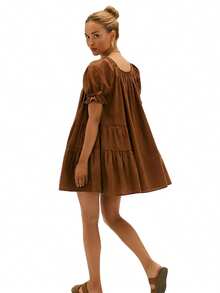 Baby Doll Mini Dress For Women Summer Solid Color Loose Bubble Short Sleeve Scoop Neck Dress - 棕色 - 查看 5