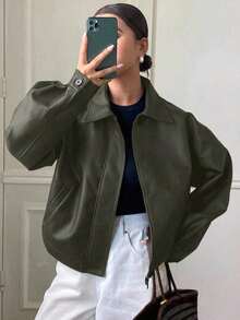 Otoño/Invierno Nueva Chaqueta Casual Holgada y Gruesa de PU para Mujer, Abrigos para Mujer - Verde Oscuro - Ver 12