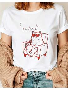 Camiseta de mujer con estampado de letras "Todo Bien Ya Llore" en estilo suave español, top casual de manga corta y cuello redondo, adecuada para primavera y verano, modelo de ropa femenina i01, apta para todas las estaciones, casual y versátil, blusas elegantes para mujer. - Blanco - Ver 7