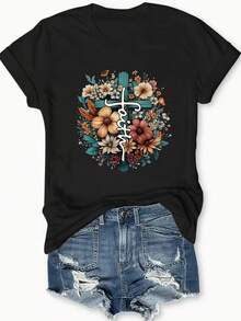 1 Piece Of Women's Casual Short-Sleeved T-Shirt, With Floral Cross Print And Lettering, Round Neck - Machine Washable, Comfortable For Daily Wear, Versatile With Jeans And Dresses, Suitable For All Seasons, Casual Outfit, 180g 100% Cotton. - 黑色 - 查看 6