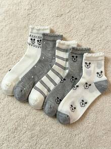 5 Pairs Cartoon Puppy Design Cute Short Socks, High Elasticity Non-Binding, For Women, Spring/Summer - Multicolor - View 1
