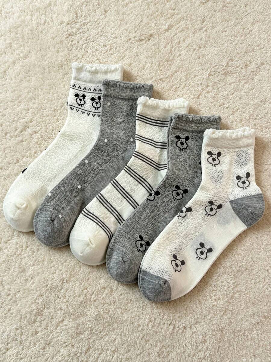 5 Pairs Cartoon Puppy Design Cute Short Socks, High Elasticity Non-Binding, For Women, Spring/Summer - Multicolor - View 1