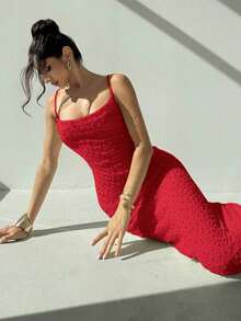 Elegante vestido largo ajustado con escote drapeado de tirantes tipo espagueti, con detalle de pliegues y abertura, de color azul, ideal para citas, bodas, primavera/verano - Rojo - Ver 6