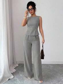 Conjunto de 2 piezas elegante con camiseta de tirantes con detalle retorcido en la espalda y pantalones de pierna ancha de unicolor para mujer - Blanco y Negro - Ver 6