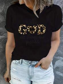 Camiseta de manga corta para mujer inspirada en la fe cristiana - "Estate con Dios, todo es posible" Mateo 26:11 Versículo bíblico, cómoda prenda de culto casual con cuello redondo, ropa cristiana lavable a máquina con motivos de cruz y oración, corte holgado en forma de H adecuado para uso diario, ropa cristiana versátil para todas las estaciones. - Negro - Ver 2
