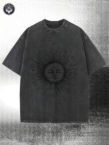 1 Piece Of Men's Summer T-Shirt, 230g, Washed, With Sun And Moon Print, High Quality Batik Cotton Casual T-Shirt, Suitable For Street And Outdoor Activities, Holiday Gifts, Perfect Gift, 180g 100% Cotton. - 黑色 - 查看 6