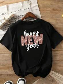 Printed T-Shirt With Designs On The Front And Back, Happy New Year Pattern, Round Neck, Short Sleeves, Modern And Fashionable Casual Style, Double-Sided Printed Top For Women. Elegant Party Outfit, T-Shirt For Stylish Ladies, Blouses Suitable For Curvy Women, Prom Skirts, Casual Wear - 黑色 - 查看 2