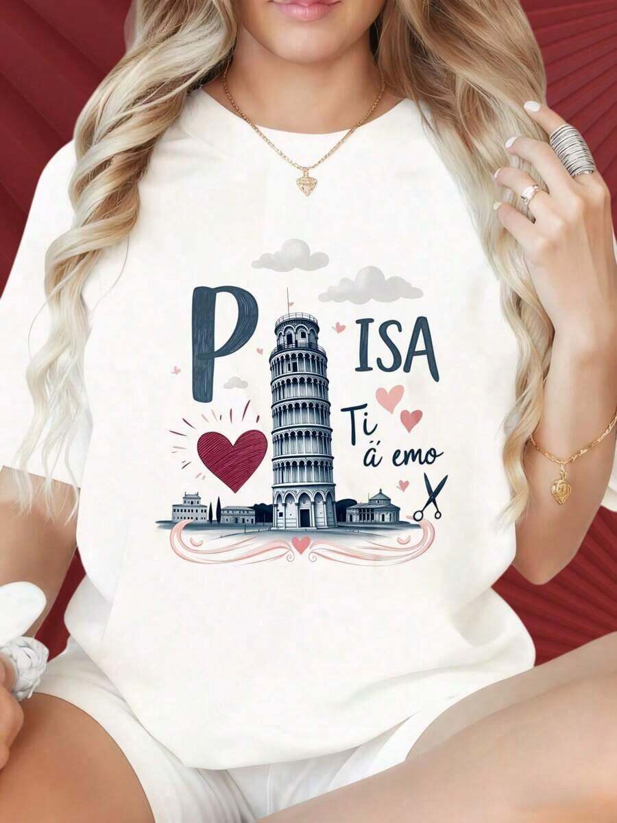 Women's Round-Neck, Short-Sleeved T-Shirts Feature Eye-Catching Prints. This Women's T-Shirt With A Heart And Leaning Tower Of Pisa Design, Inspired By Italy, Is Casual And Fashionable, Perfect For Christmas Parties, Sports Activities, Holiday Celebrations, Outings, And Other Festive Occasions (220g). Made Of Cotton. - 白色 - 查看 1
