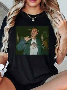 1 Piece Women's Adam Sandler T-Shirt 100% Cotton, Vintage Digital Print, Casual Graphic Short Sleeve T-Shirt, Round Neck, Loose Fit, Black Summer Top, Soft - 黑色 - 查看 1