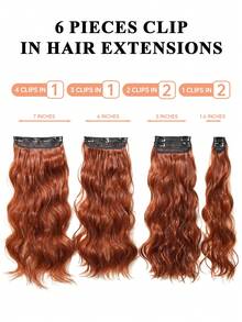 Set de 6 extensiones de cabello ondulado suave, de 20 pulgadas de color rojo-marrón con clips, extensiones de cabello sintético rizado, adecuadas para fiestas de Halloween y uso diario - Rosa Oxidada - Ver 4