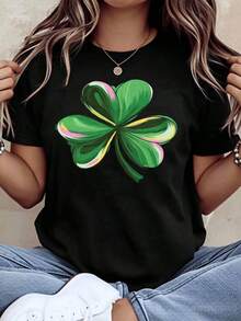 Women's Fashionable And Luxurious St. Patrick's Day Shamrock T-Shirt, Casual Lucky Shamrock Graphic Tee For St. Patrick's Day Celebration, Everyday Wear - 黑色 - 查看 7