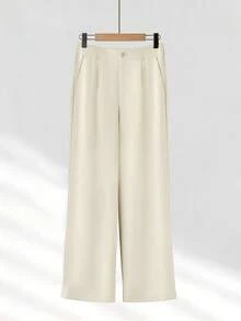 Women's Spring/Summer Commuter Pleated Design 3/4 Sleeve Loose Single-Breasted Blazer & Wide Leg Pants Set - Apricot - View 5