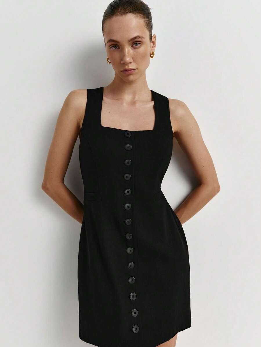 Sleeveless Button-Down Dress With Round Neck, Elegant Summer Style 2026 - 黑色 - 查看 1