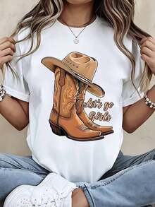 Women's Clothing Cowboy Boots And Cowboy Hat Print T-Shirt With The Phrase "Let's Go Girls" For Country Music Festivals And Western Parties - 白色 - 查看 6