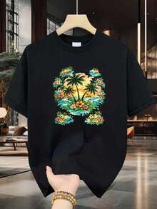 Camiseta para hombre con diseño de puesta de sol tropical, que incluye palmeras, olas y flores de hibisco.Confeccionada con algodón puro de alta calidad, esta prenda casual duradera y elegante es perfecta para los amantes de la moda. - Negro - Ver 10