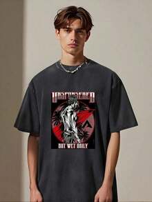 % Cotton, Oversized Black T-Shirt Weighing 230g, With A Washed Design, Featuring Anime Characters And The Phrase UNFORGIVEN BUT WET DAILY; A Stylish Graphic T-Shirt, Perfect For Everyday Wear, Suitable For All Seasons, Unisex Style, Urban Style, Versatile, Stylish, Street Style, Unique Design. - 黑色 - 查看 7