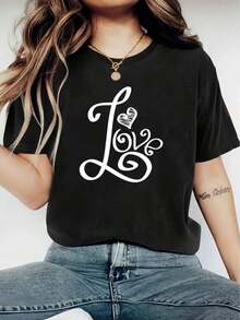 Printed Round Neck T-Shirt - Modara Women's Graphic Print T-Shirt - Casual Short Sleeve Round Neck T-Shirt - Lightweight And Breathable For A First Wardrobe Y_39 Round Neck Printed Short Sleeve Casual Everyday T-Shirt, They Are Excellent Gifts For Friends And Family, 100% Cotton T-Shirts Feature, A Youthful And Fashionable Design Casual Blouses For Women - 黑色 - 查看 1