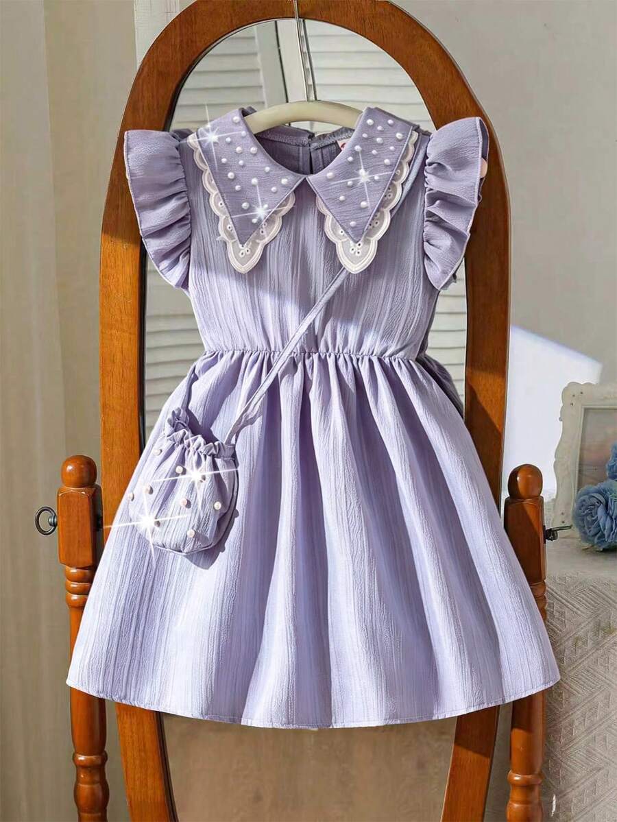 Young Girl' Fashion Casual Cute Beaded Collar Solid Color Dress + Beaded Handbag - Mauve Purple - View 1