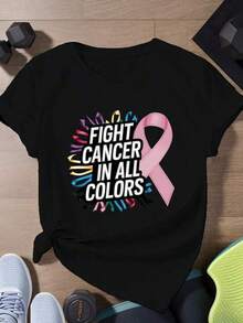 Women's Plus Size Short Sleeve Sports T-Shirt With Cancer Flag - 黑色 - 查看 1