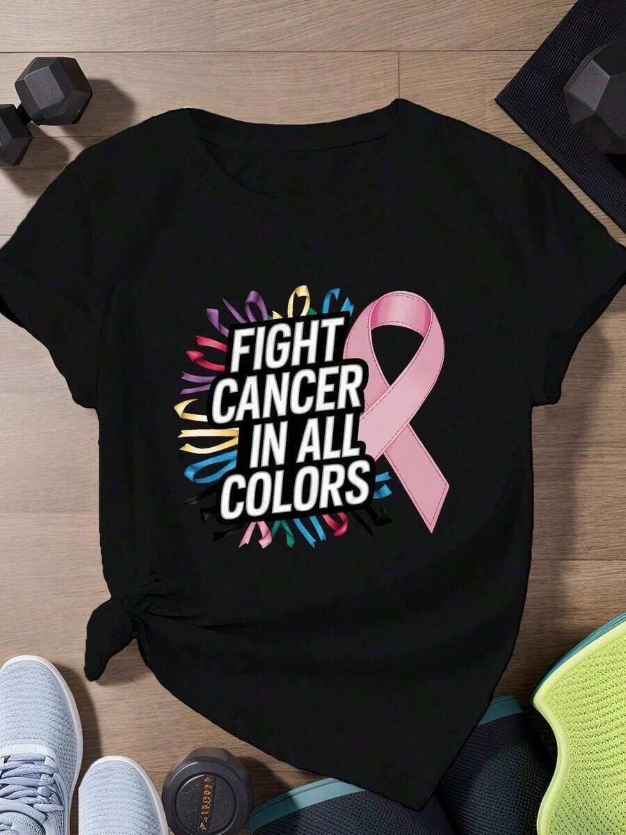 Women's Plus Size Short Sleeve Sports T-Shirt With Cancer Flag - 黑色 - 查看 1