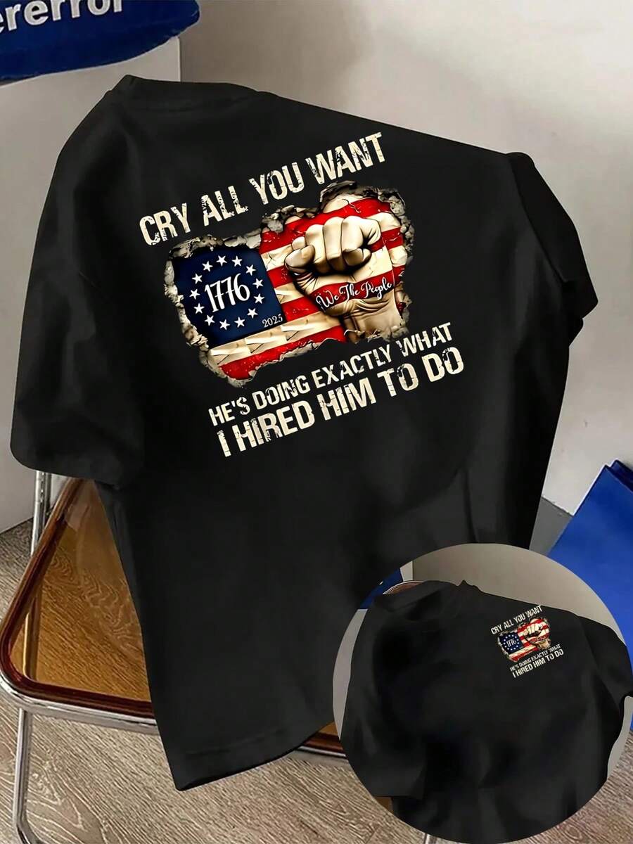 New Men's 180g Heavyweight T-Shirt, 100% Cotton, With The American Flag And 1776 Print On The Front And Back, A Modern And Stylish Short-Sleeved T-Shirt, Suitable For Everyday Casual Wear And Outdoor Fitness Activities, With A Unique Double-Sided Pattern Design - For Layering In Spring And Autumn Or Alone In Summer, Unisex. - 黑色 - 查看 1