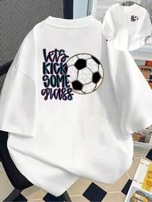 New 180g Short-Sleeved T-Shirt, 1% Cotton, With Prints On The Front And Back - Football Print, Kick Glass - Fashionable Printed T-Shirt For Women, Short-Sleeved, Suitable For All Seasons, Modern Clothing - Can Be Used As A Base Layer In Spring And Autumn Or Alone In Summer, Unisex. - 白色 - 查看 1