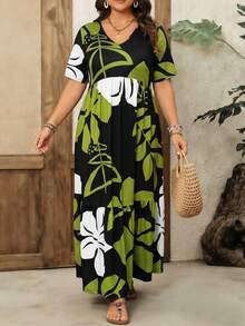 Plus Size Women's Tropical Floral Print V-Neck Tiered Maxi Dress, Loose Short Sleeve Casual Summer Beach Vacation Dress Elegant - Multicolor - View 2