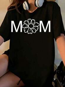 Women's Floral Print "Mom" T-Shirt, Casual Summer Top With Daisy Design, Comfortable Cotton T-Shirt For Mother's Day Gift [Suitable For Leisure And Sports Occasions] - 黑色 - 查看 1