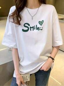 Women's Soft Cotton T-Shirt, Modern Minimalist Style, With Smile And Heart Graphic Print - Casual Short Sleeve Crew Neck T-Shirt, Suitable For Outdoor Sports And Casual Wear, Breathable And Comfortable For All Seasons, Women's T-Shirt, Loose Fit T-Shirt For Casual Daily Wear. - 白色 - 查看 1