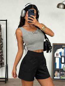 Plus Size Women's Casual Loose Drawstring Waist Shorts, Solid Color Minimalist Design, With 2 Side Pockets, Wear & Workout, Spring/Summer Sports - Black - View 6