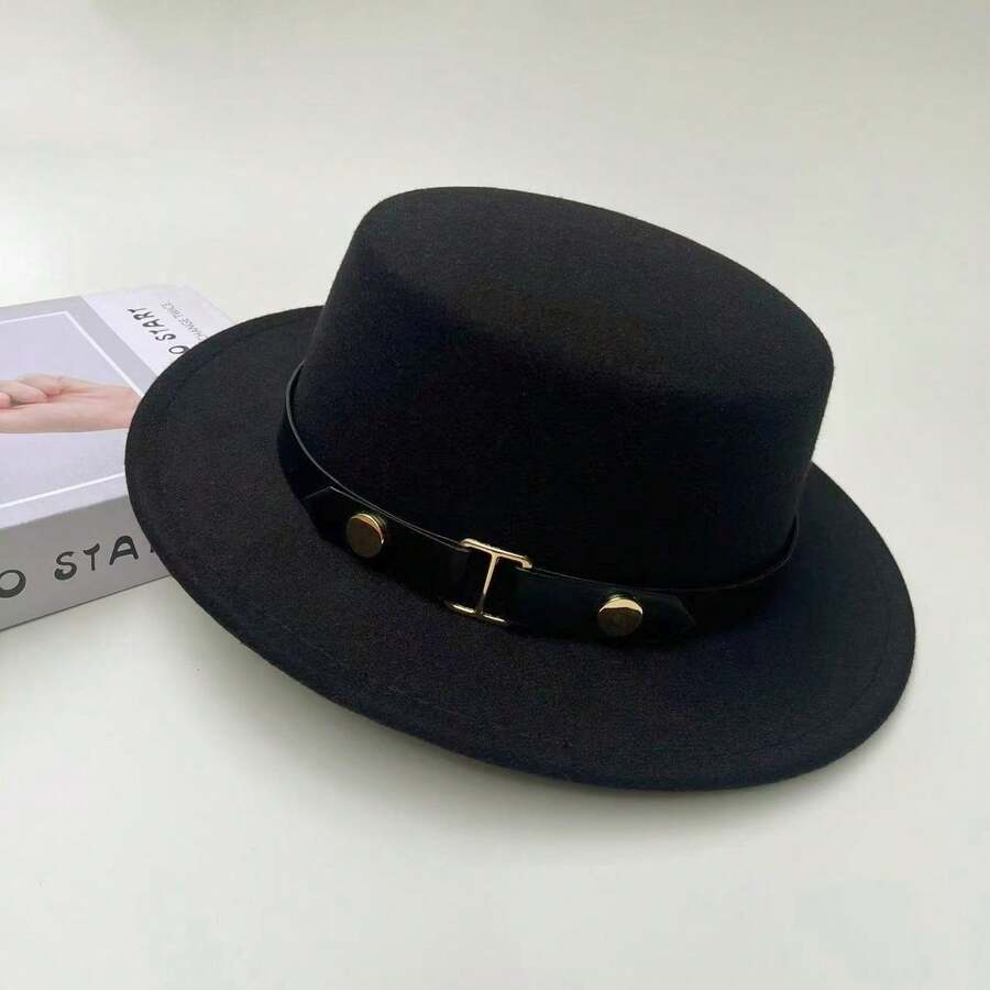 1pc Elegant Wool Felt Hat, Suitable For Summer Beach, Women's Daily And Holiday Outfits, Decorated With Round Rivets And Symmetrical Belt, A Decorative Western Cowboy Hat - Solid Color - View 1