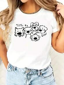 Women's Casual Short Sleeve T-Shirt With Funny Dog Graphic Print My Cute Pack, Pet Clothes, Urban Vintage Style, Unisex, Cotton, Short Sleeve, Round Neck - 白色 - 查看 2
