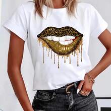 Women's 90s Graphic T-Shirt, Short Sleeve Clothing, Sexy Lip Print T-Shirt For Ladies, Fashionable Women's Lip And Leopard Print T-Shirt For Summer - Urban Vintage Style, Unisex Loose Cotton Short Sleeve Crew Neck T-Shirt. - 白色 - 查看 5